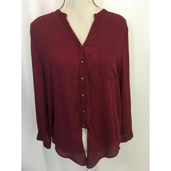Sis Sis Womens Solid Maroon Burgundy Red Long Sleeve Button Down Top Medium - Picture 1 of 6